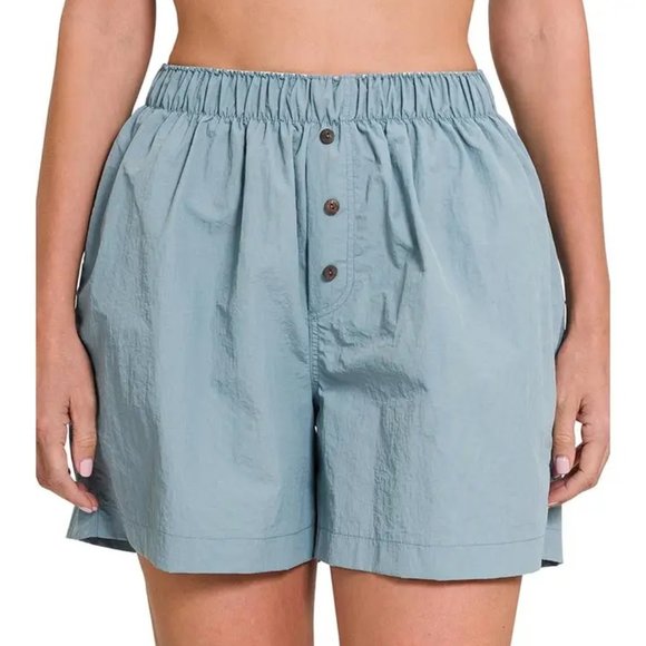 ASH GREY Elastic Waist Button Shorts - Picture 3 of 5
